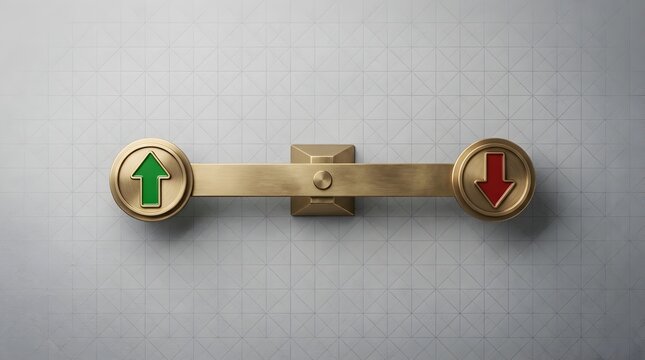 Brass lever with up and down arrows representing growth and decline on a textured grid background symbolizing financial markets or decision making