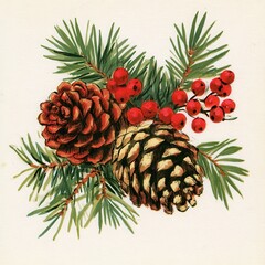 Fototapeta premium Watercolor pine cones, evergreen needles, red berries festive botanical