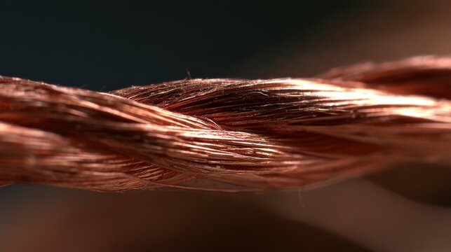 Close-up of twisted copper wire with shallow depth of field and generous copy space, showing metallic texture, industrial material, electrical connection, conductivity and modern technology