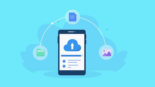 Flat vector animation showing a smartphone with cloud storage connected to file, image, and data icons for mobile backup and digital file management.