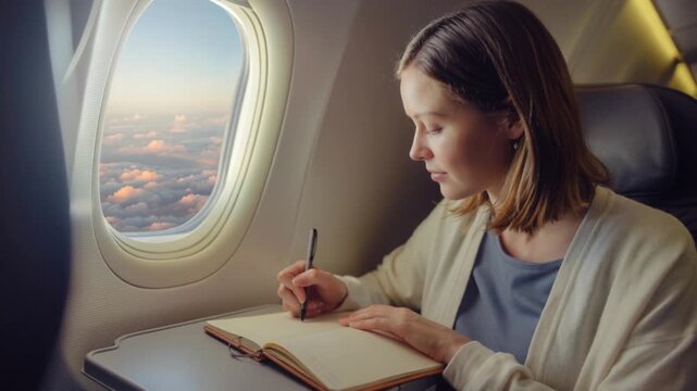 Woman Writing in Journal While Traveling on an Airplane