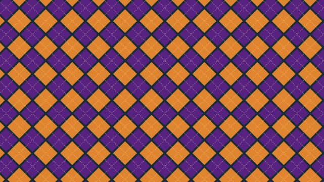 Seamless looping animated witch argyle diamond pattern in teal, purple and orange, moving diagonally