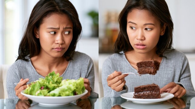 Woman choosing between fresh salad and slice of chocolate cake at glass table. Healthy food versus sweet dessert. Diet choice, cravings and willpower concept. Healthy eating and nutrition