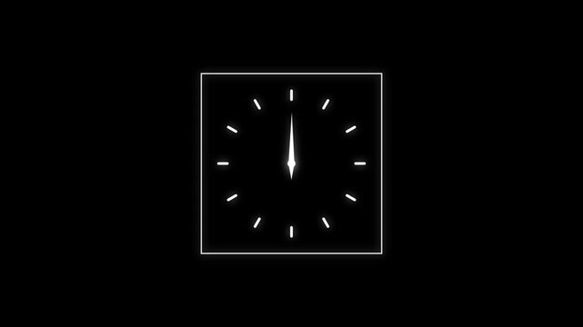 Minimalist neon square clock animation, glowing white time passing motion on black background