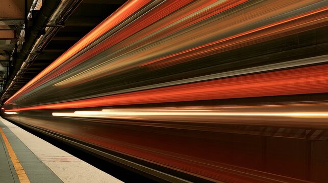 Fast subway train speeding through an urban station with dramatic motion blur and colorful horizontal light streaks, capturing public transport, commuting, city energy and modern infrastructure