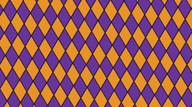 Seamless looping animated big purple and orange diamond pattern on black background, scrolling down