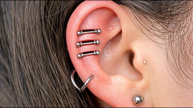 Close-up of an ear with piercings, suitable for fashion or lifestyle