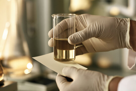 A researcher meticulously observes a liquid sample in a glass beaker while preparing to conduct a test with a card, showcasing dedication to scientific precision and quality.