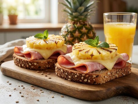Delicious open faced sandwiches with ham, melted cheese, grilled pineapple on multigrain bread. Two tasty snacks serve on wooden board in bright kitchen. Glass of fresh orange juice sits nearby for