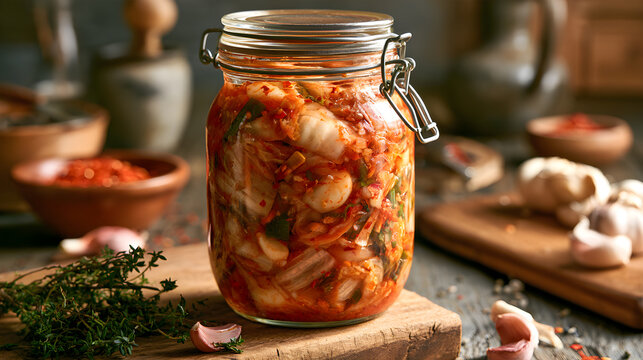 Kimchi Fermenting In A Glass Jar On A Rustic Kitchen Counter