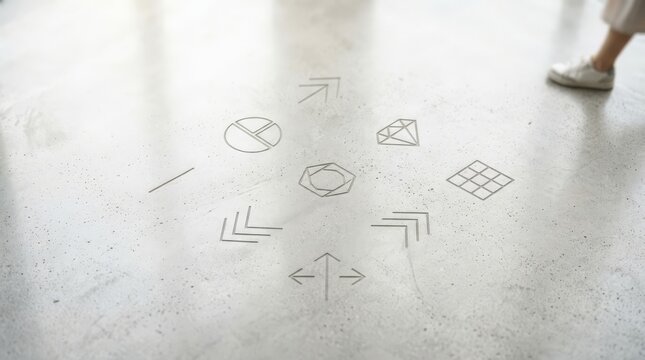 An overhead view of geometric symbols embedded in a concrete floor during an earthquake drill context, showcasing safety evacuation routes marked with minimalist design