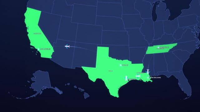 Animated United States Map with Highlighted States and Location Markers