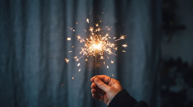 Person holding a star shaped burning sparkler stick with bright glowing sparks