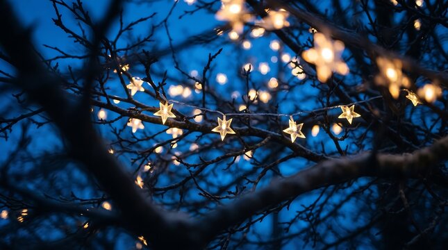 Glowing star shaped string lights hanging in bare tree branches at night blue hour
