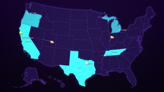 Digital United States Map with Highlighted States and Locations