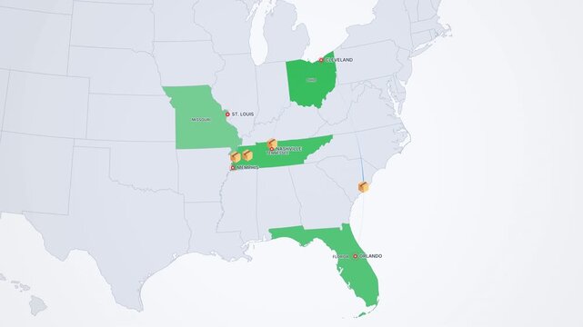 Light Map of the United States with Highlighted Central and Southern States