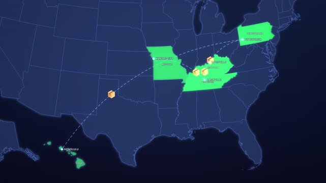 Dark United States Map with Highlighted States and Route Markers
