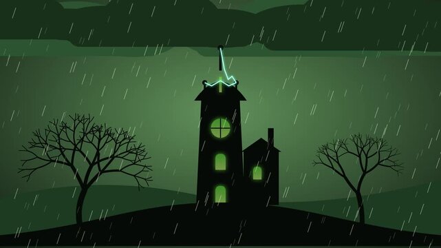 Looping Halloween animation of a mad scientist laboratory on a hill. Lightning strikes the rod on the tower, green windows flash with each strike and electric arcs crackle on the roof while rain falls