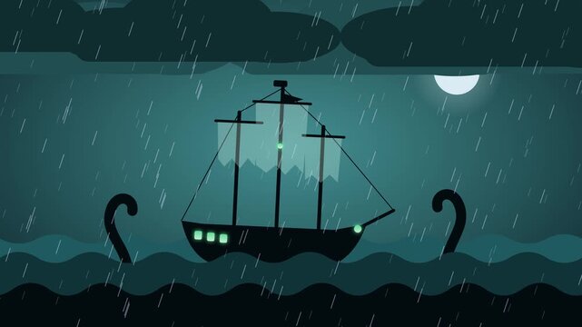 Looping Halloween animation of a ghost ship with torn sails rocking on stormy waves. Two kraken tentacles rise from the sea, green lights flicker on board, lightning flashes and rain falls.