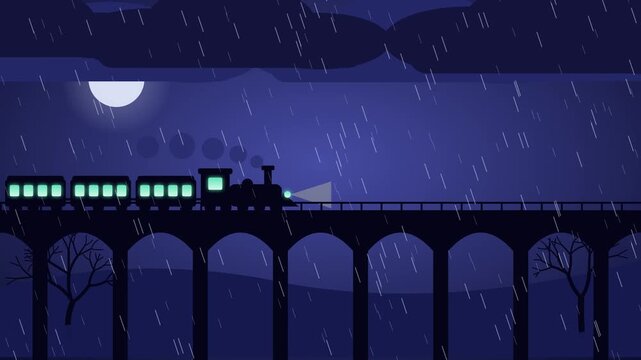 Looping Halloween animation of a steam train with glowing green windows crossing a stone viaduct at night. Smoke trails from the locomotive, the headlight shines ahead, lightning flashes