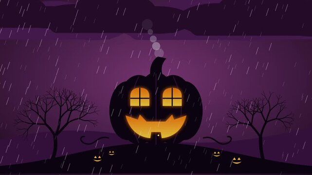 Looping Halloween animation of a giant jack o lantern house on a hill. Its eyes are glowing windows and its grin holds the door, smoke rises from the stem chimney and small pumpkins