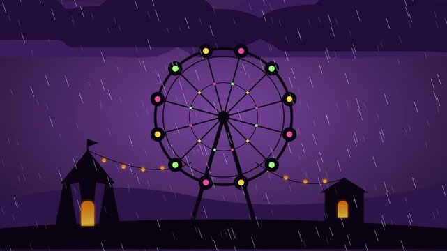 Looping Halloween animation of an abandoned amusement park. A ferris wheel with colored lights turns slowly next to a circus tent and a string of flickering bulbs while lightning flashes.