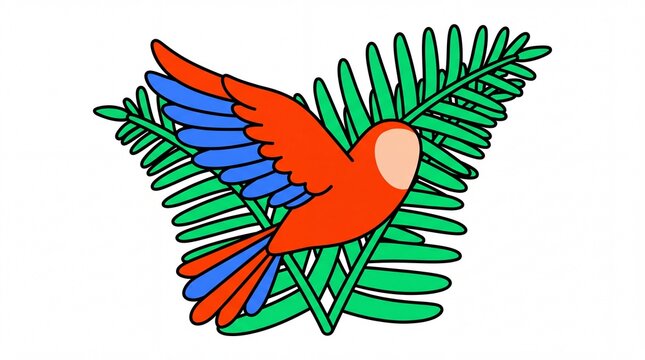 Ilustrasi fauna burung beo terbang vektor dengan daun tropis