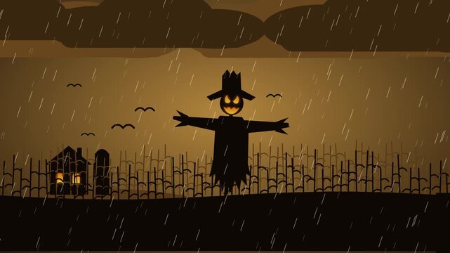 Looping Halloween animation of a scarecrow with a glowing evil face swaying in a cornfield. Corn stalks move in the wind, crows fly past a farmhouse with lit windows, lightning flashes.