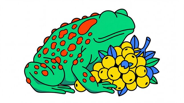 Fauna vektor katak hijau dengan bintik oranye dan beri kuning