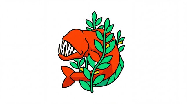 Fauna predator ikan merah vektor dengan tanaman hijau latar putih