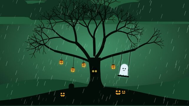 Looping Halloween animation of a huge dead tree with a little ghost swinging on a swing. Lanterns sway on the branches, owl eyes blink in the trunk hollow and pumpkins glow.