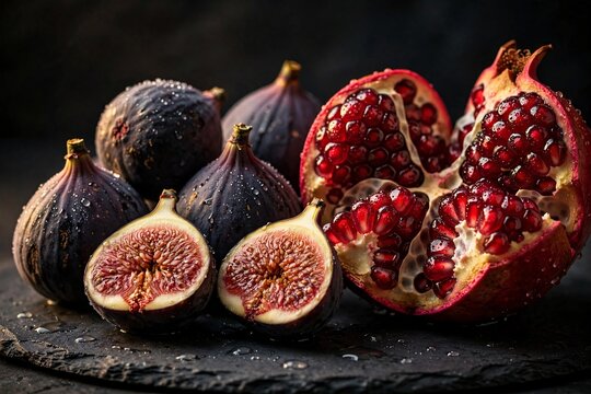 Fresh Sliced Black Figs and Open Pomegranate with Arils on Slate Board