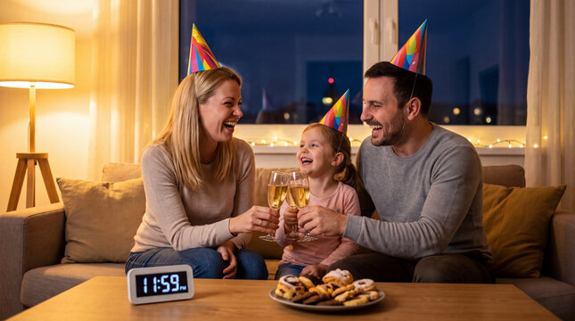 A joyful New Year's Eve midnight countdown as a family toasts with sparkling cider in party hats at home.