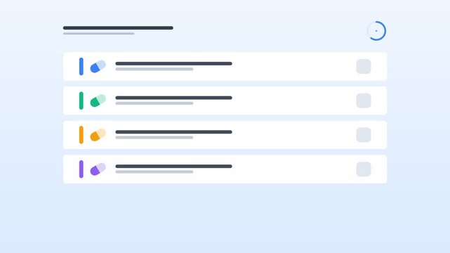 Animated Medical App UI Design Showing Medication Checklist with Colorful Pill Icons