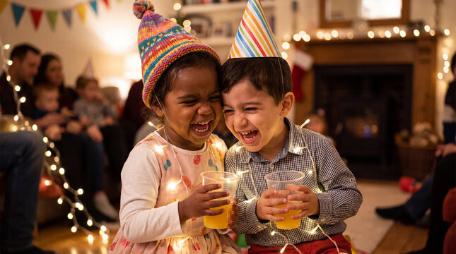 Indigenous and Mediterranean toddlers cheer countdown with juice cups in a festive family room for New Year marketing.