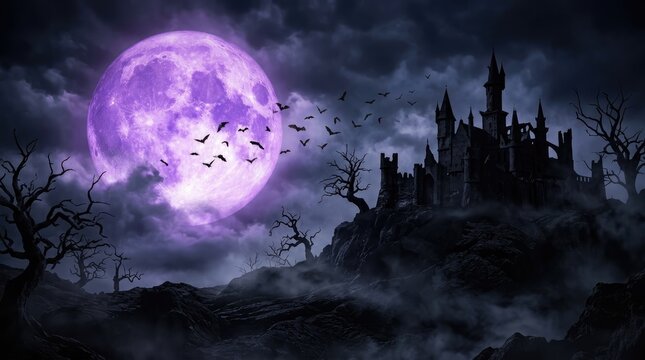 Spooky haunted castle on a hill under a large purple full moon at night