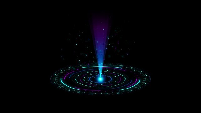 Futuristic digital interface with a glowing holographic circular platform and a vertical light beam emitting particles against a dark background