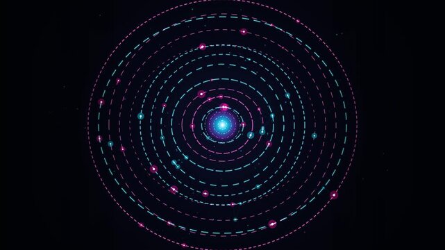 Cinematic 4K seamless loop of a futuristic cyberpunk orbital nexus core with concentric neon energy rings and rotating data nodes.