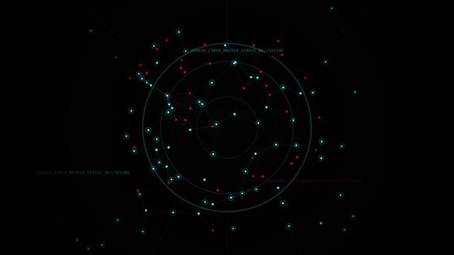 Digital visualization of a cyber matrix with connected data nodes, circular user interface elements, and network lines in a hightech environment