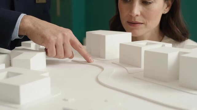Concierge Pointing at Architectural Scale Model for Female Guest