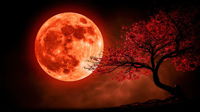 Full moon orange moon red moon night sky tree silhouette red tree glowing moon dark sky lunar landscape moonlight