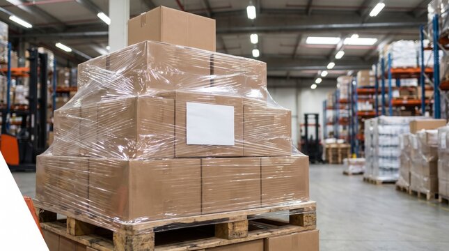 Stacked cardboard boxes wrapped in clear plastic film on a wooden pallet inside a large warehouse with shrink wrap large
