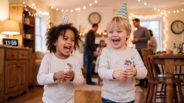 Colombian and Polish toddlers laugh while chasing with confetti poppers at a rustic New Year's party for imagery.