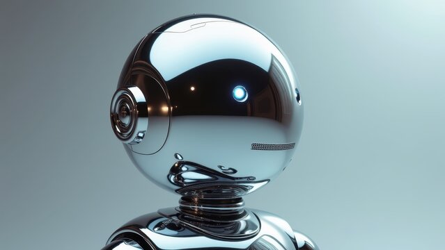Chrome reflective robot android sphere 3D render metallic mirroring, environment glossy trendy futuristic modern aesthetic stunning, technological poster contemporary beautiful, chrome android design