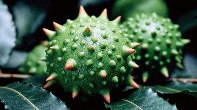Extreme close up of spherical green seed pod of wild plant centered against blurred light green background, small circular green cells with tiny central depressions, 