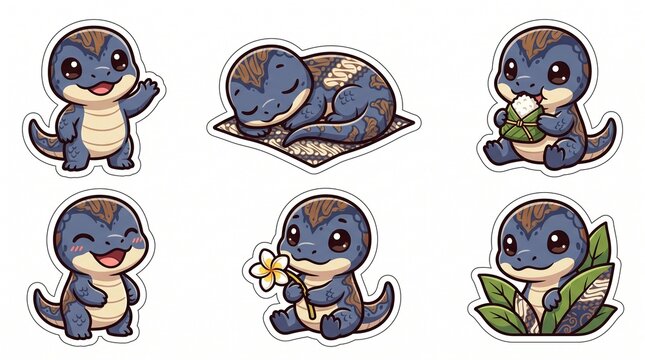 Set of six cute baby Komodo dragon stickers with batik pattern, waving, sleeping on mat, eating rice in banana leaf and holding frangipani, kawaii cartoon illustration