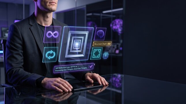 Artificial superintelligence SI concept with executive using recursive mirror hologram and infinite self reflection in dark futuristic room for advanced AI technology