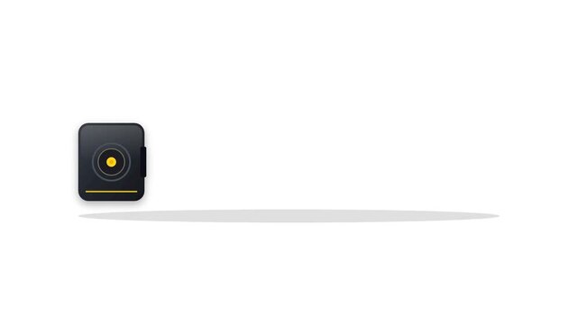 Minimalist camera icon with a yellow lens accent, casting a subtle shadow on a clean white background, representing photography and visual recording
