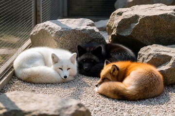 Fototapeta premium White black, orange foxes sleep on gravel in zoo enclosure. Three colorful vulpes animals rest near big rocks under sun. Group of wild mammals curled up together in sanctuary habitat. Diverse fox