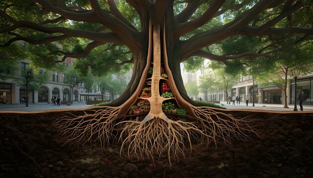 Cross-section of a tree trunk revealing a hidden pantry of fresh vegetables in a city street